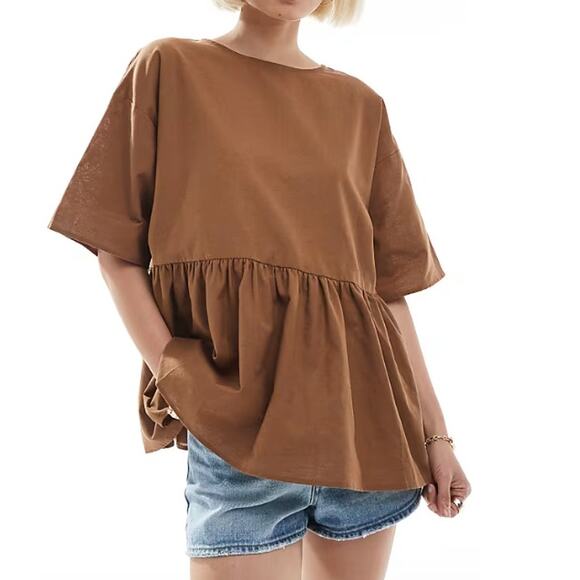 ASOS Oversized Peplum short sleeve Smock 100% Cotton in Brick color Sz 14 - Picture 1 of 7